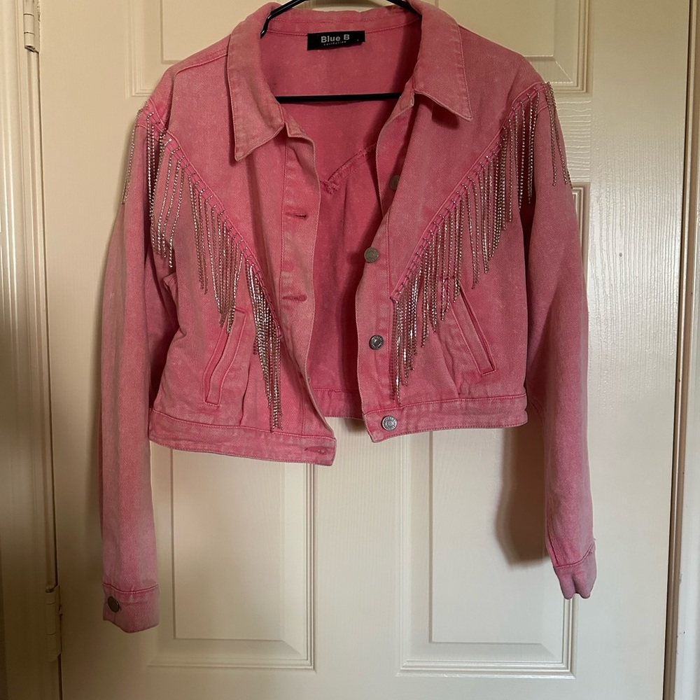 Blue 84 Women's Pink Fringe Cropped Denim Jacket